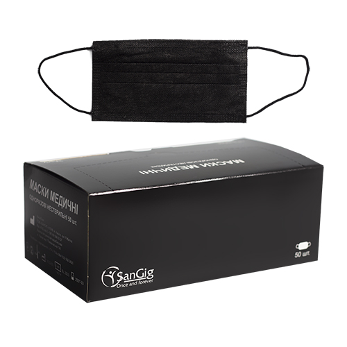 Маски одноразові для обличчя тришарові чорні, пачка 50 шт