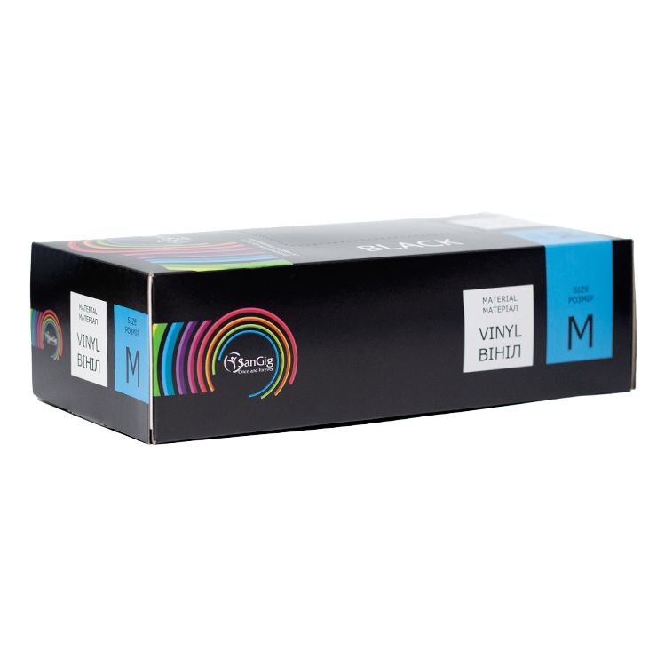 SanGig Рукавички вінілові (5,5г), чорні, розмір M, пачка 100 шт