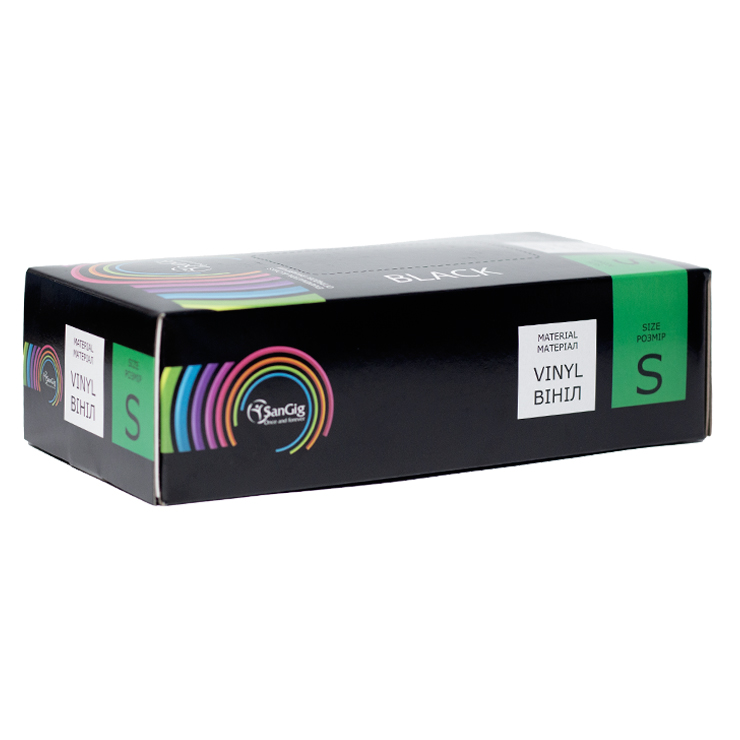 SanGig Виниловые перчатки (5,5 г), чёрные, размер S, упаковка 100 шт