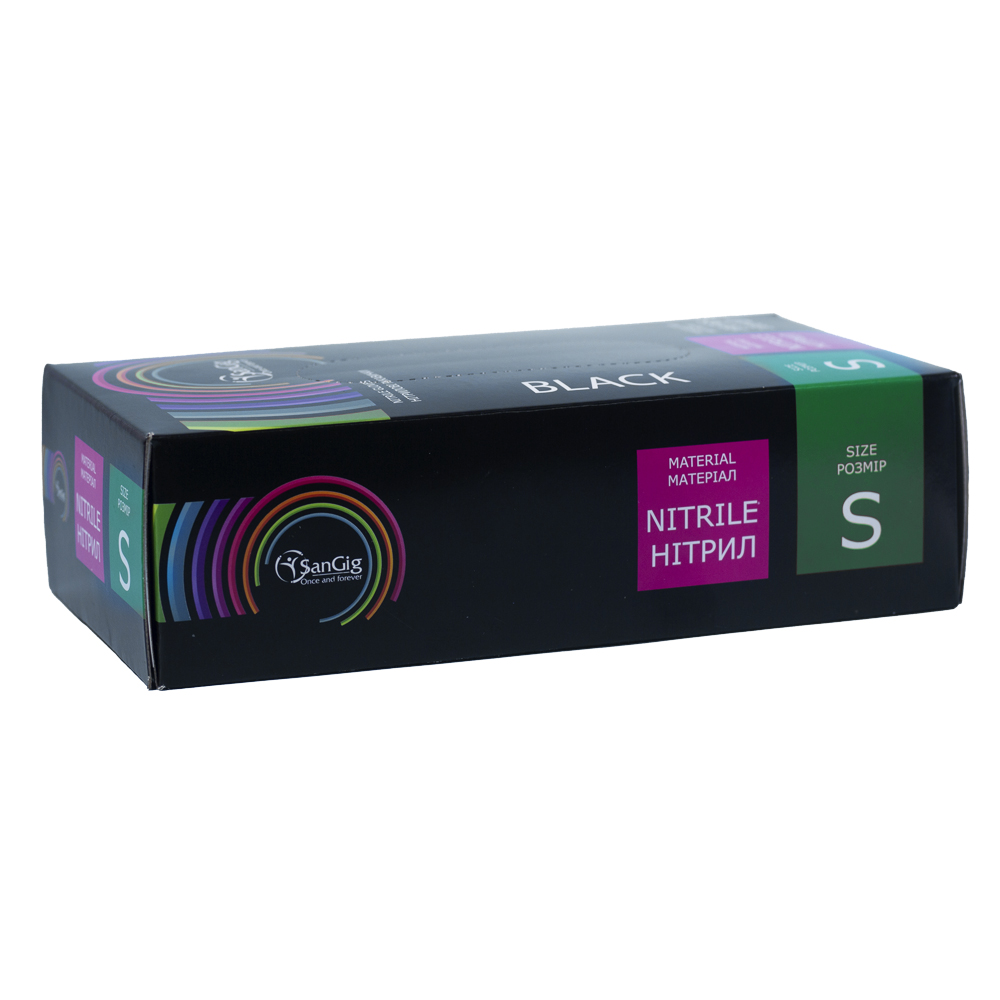 SanGig Рукавички нітрилові (4,0г), чорні, розмір S, пачка 100 шт
