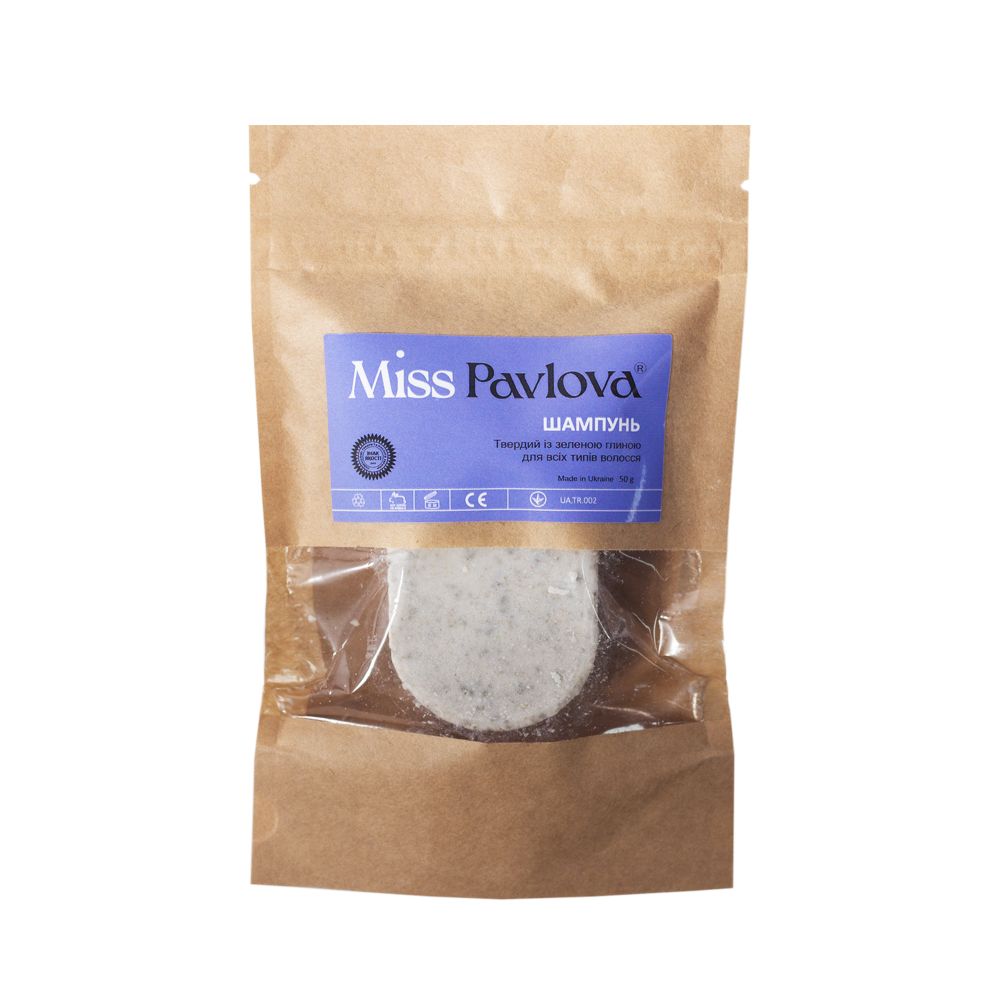 Твердый шампунь Miss Pavlova с зеленой глиной для всех типов волос, 60 г