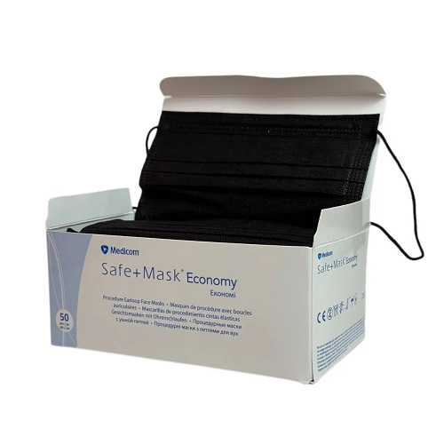 MEDICOM Disposable Face Masks 3-ply black, pack of 50 pcs