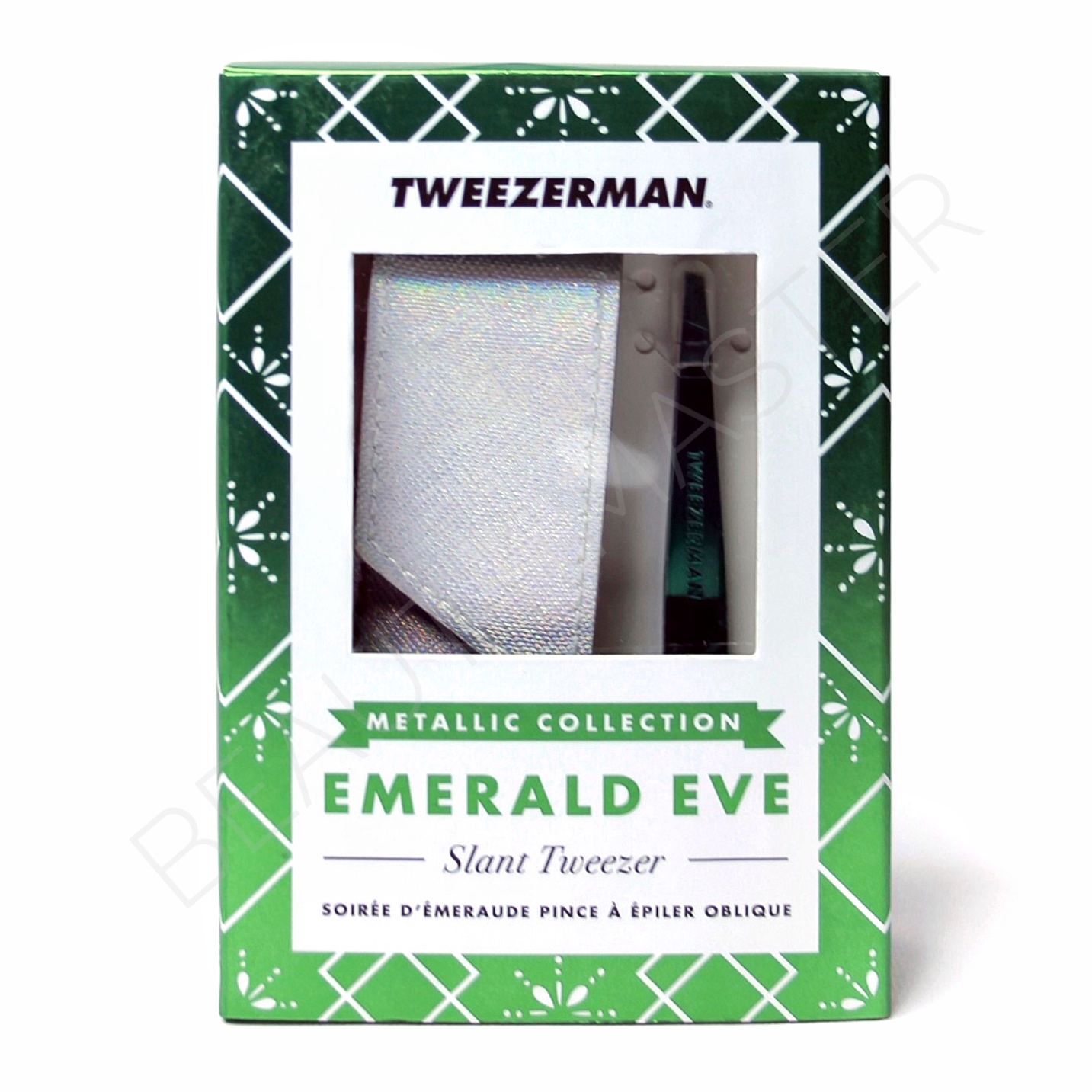 Tweezerman Пинцет для бровей зеленый с чехлом Emerald eve скошенный